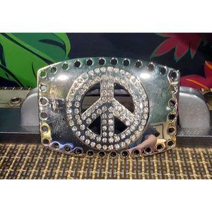 NEW Unisex Rhinestone Embellished Silver Peace Sign Belt Buckle